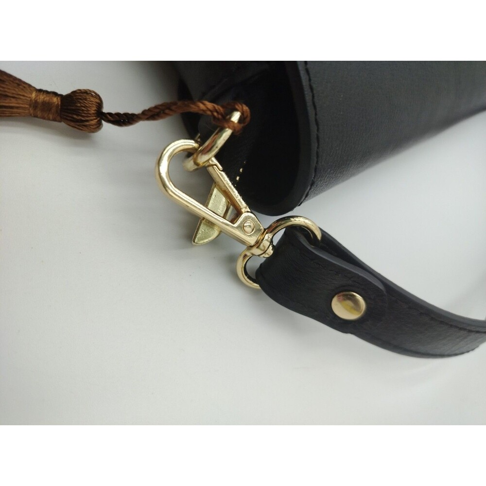 House of Harlow 60s Black Handbag Genuine Leather Purse Italy Gold Snake Accent - Picture 8 of 16